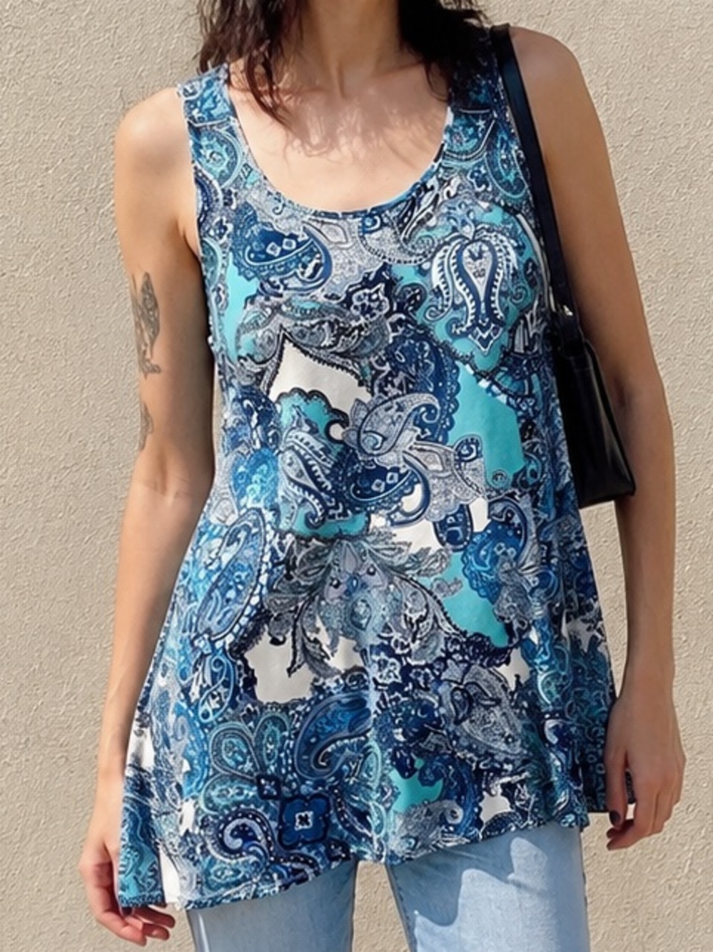 Dressbarn M Paisley Swing Tank Tunic Top Blue Aqua Casual Summer Flowy Comfy